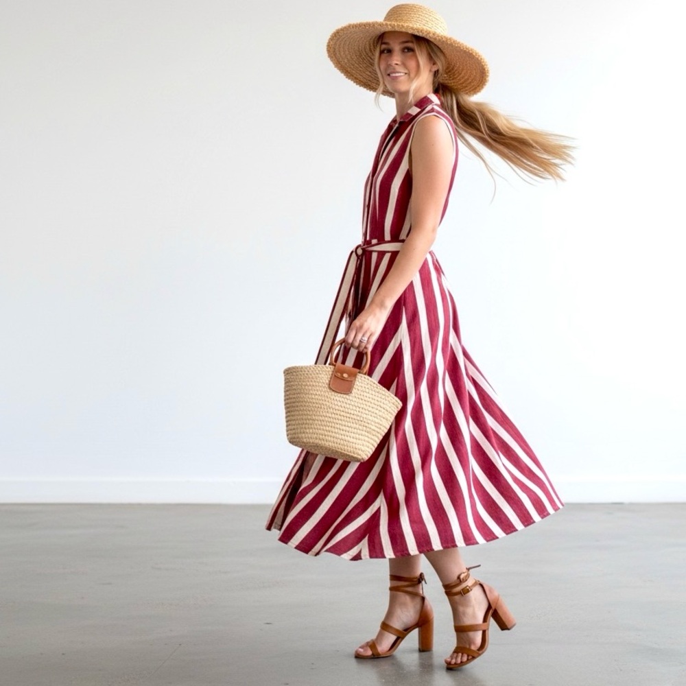 April Cornel Striped Cotton Weave Sleeveless Button Front Midi Twirl Dress - Picture 3 of 15